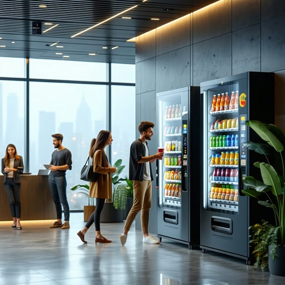 The image depicts a modern office lobby featuring sleek vending machines lined against a stylish wall One machine is stocked with an array of colorful snacks while another offers a variety of refreshing beverages The machines are equipped with digita-1